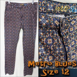 Metro Blues Floral Pattern Blue & Orange Stretch Jeans Slacks Pants Size 12